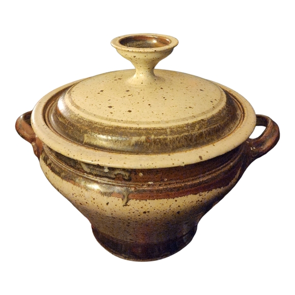 Vintage Studio Glazed Stoneware Lidded Pot Signed Drip Glaze Speckled Heavy 9